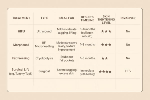 Table showing the comparisons of Skin tightening Bristol treatment options.